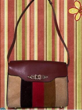 90s Vintage Suede & Leather Stripe Patchwork Shoulder Bag  Brown Burgundy